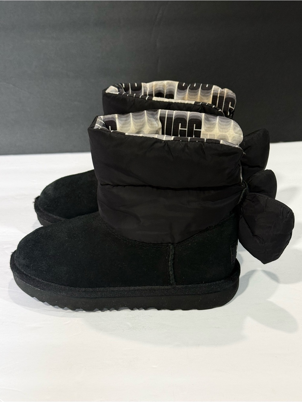 UGG kids Suede & Puffer Ankle Winter Boots with Bow Detail, sz 12 toddler girl